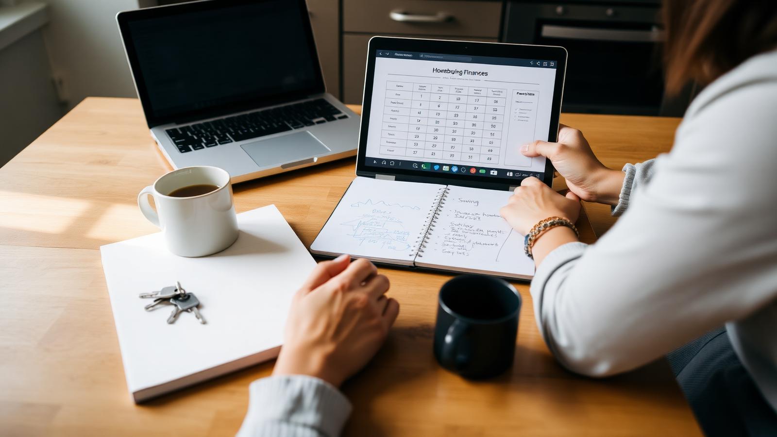 Person planning homebuying finances at a kitchen table with laptop, notebook, and keys