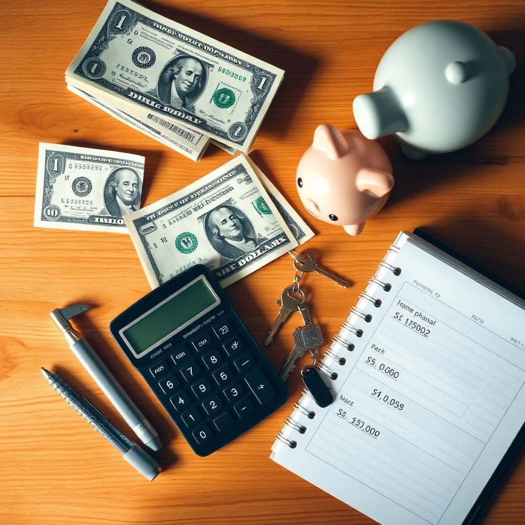 Financial planning with calculator, savings, and house keys