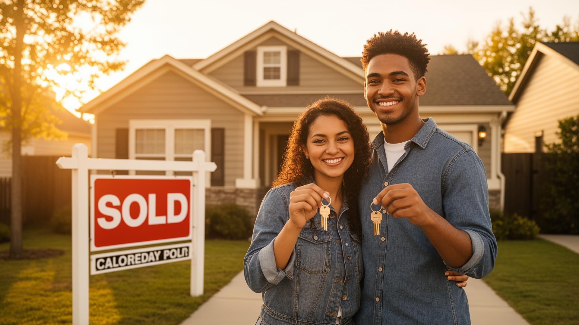 Happy couple holding keys in front of their new home