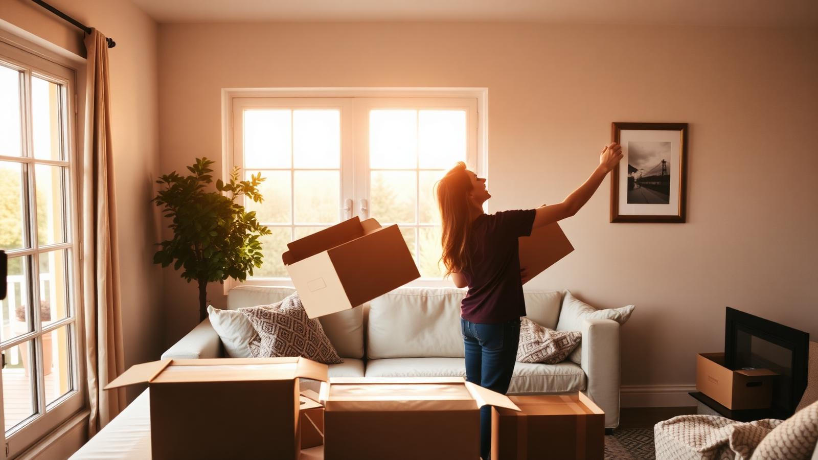 New homeowner unpacking in a sunlit living room