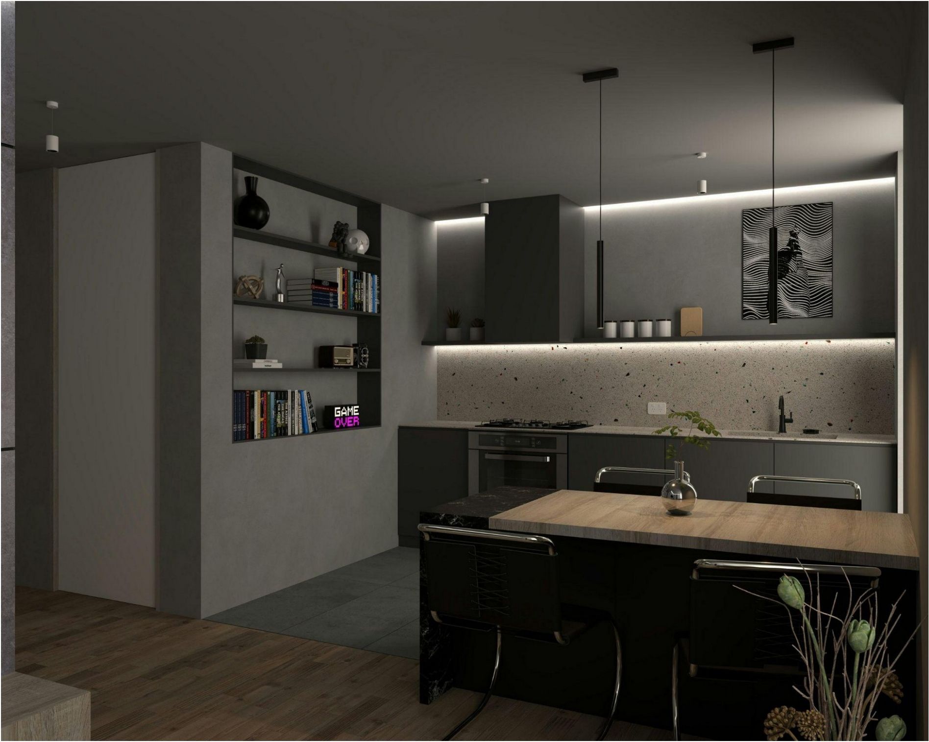 A modern kitchen interior featuring smart-home appliances and clean lines